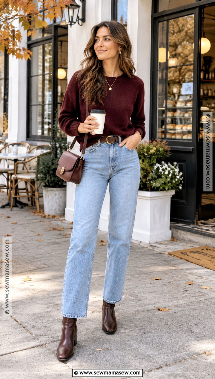 Light Jeans With a Burgundy Sweater - 20 light jeans outfit fall