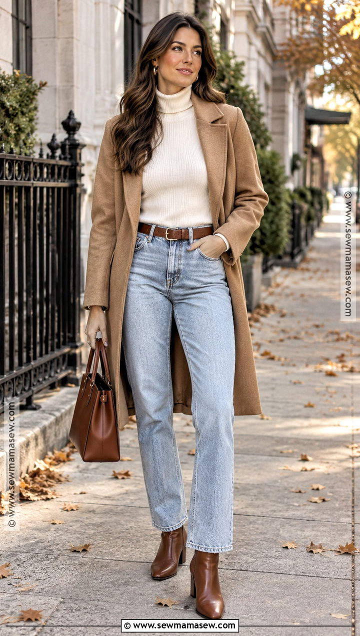 Light Jeans With a Camel Coat - 20 light jeans outfit fall