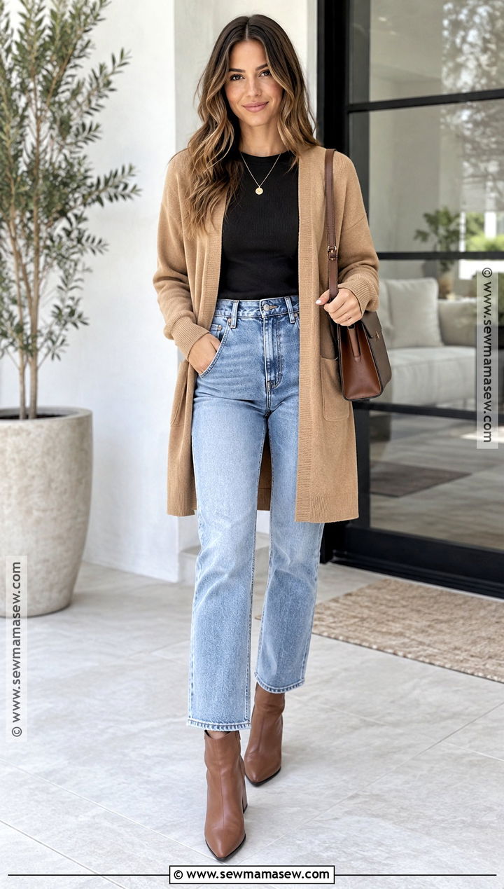 Light Jeans With a Long Cardigan - 20 light jeans outfit fall