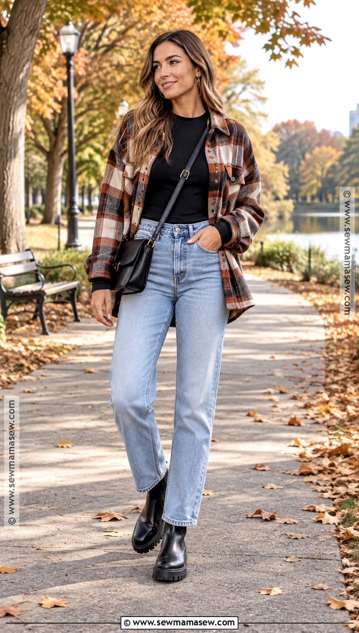 Light Jeans With a Plaid Shacket - 20 light jeans outfit fall