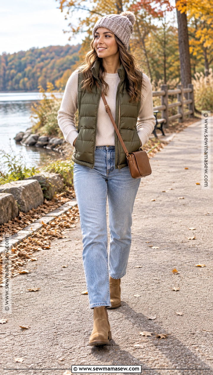 Light Jeans With a Puffer Vest - 20 light jeans outfit fall