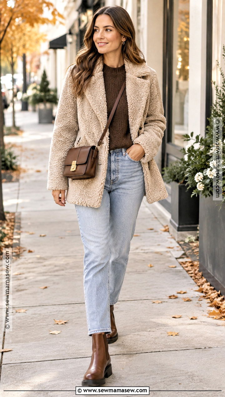 Light Jeans With a Teddy Coat - 20 light jeans outfit fall