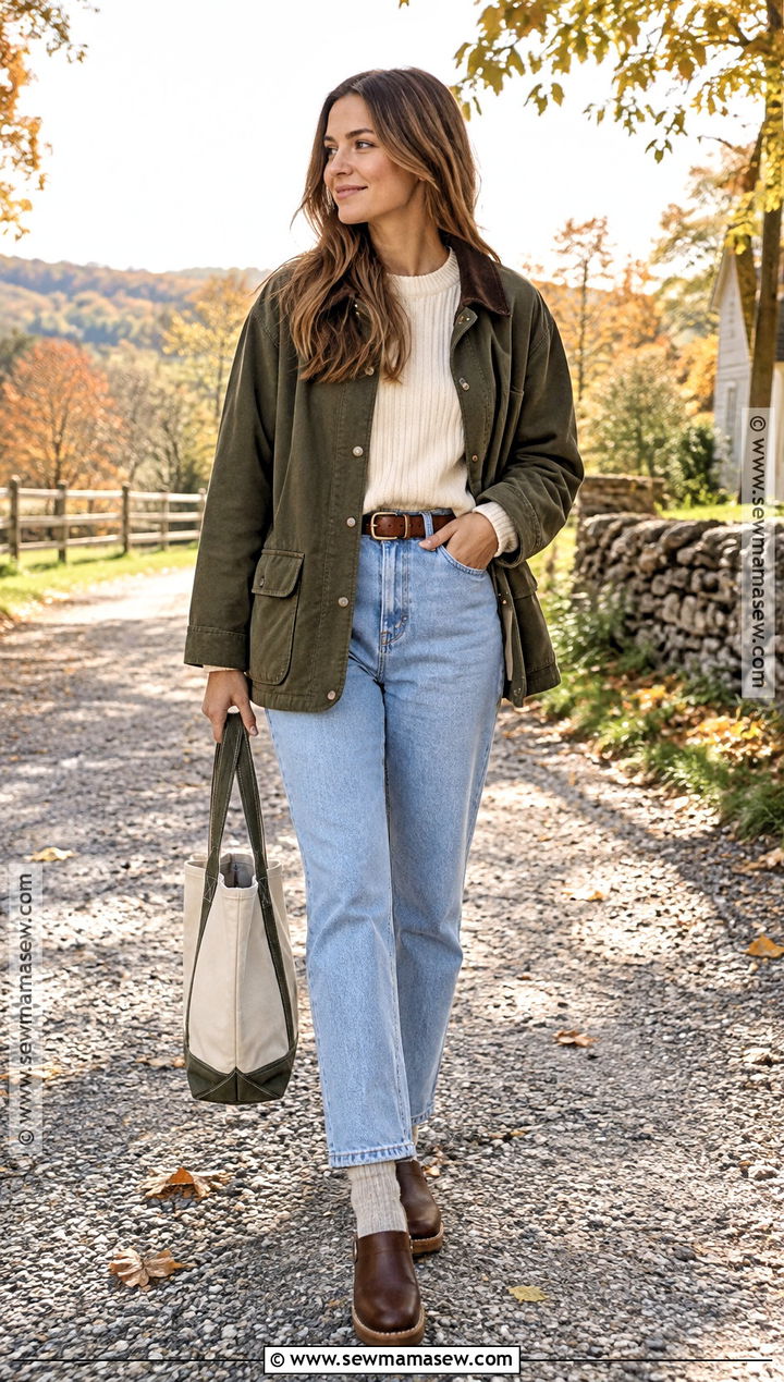 Light Mom Jeans With Barn Jacket And Clogs - 15 Light Mom Jeans Outfit Fall