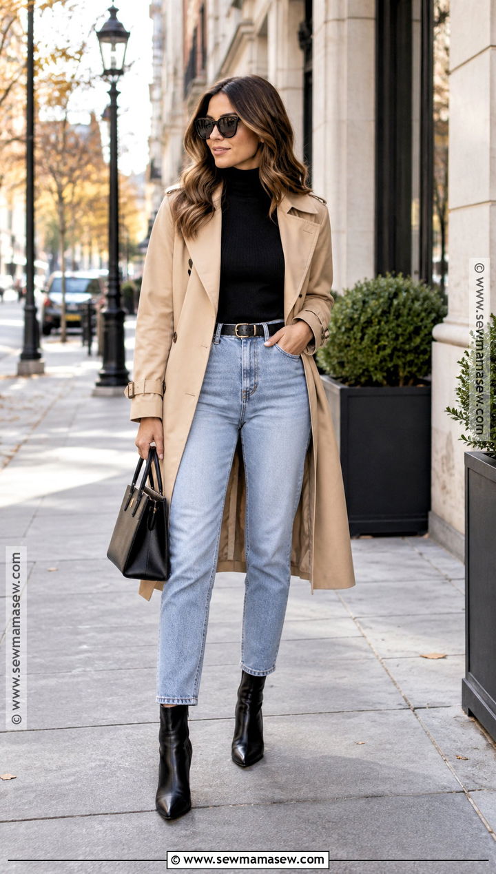 Light Mom Jeans With Beige Trench Coat - 15 Light Mom Jeans Outfit Fall