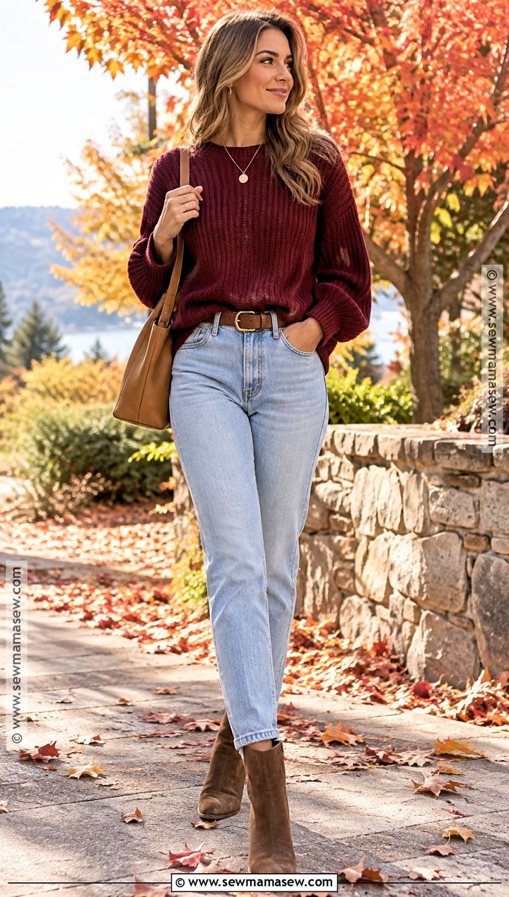 Light Mom Jeans With Burgundy Sweater - 15 Light Mom Jeans Outfit Fall