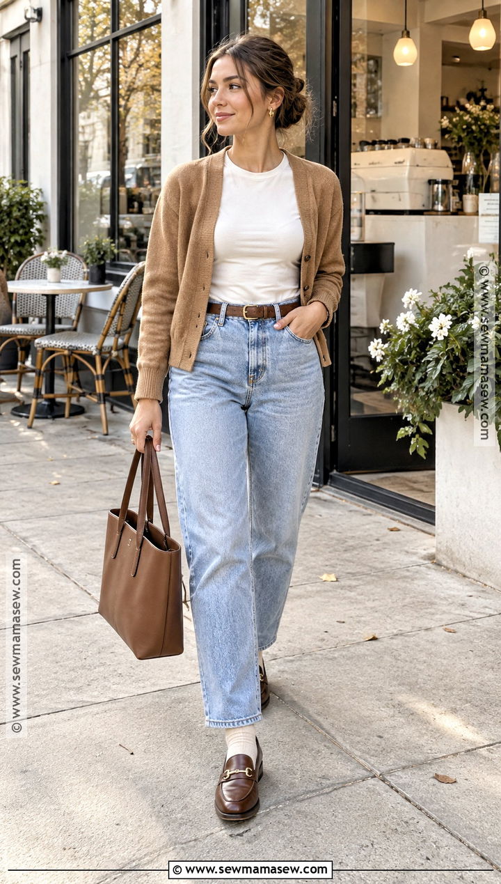 Light Mom Jeans With Cardigan And Loafers - 15 Light Mom Jeans Outfit Fall