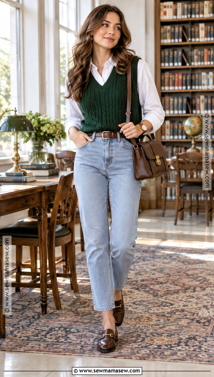 Light Mom Jeans With Knit Vest And Oxford Shirt - 15 Light Mom Jeans Outfit Fall