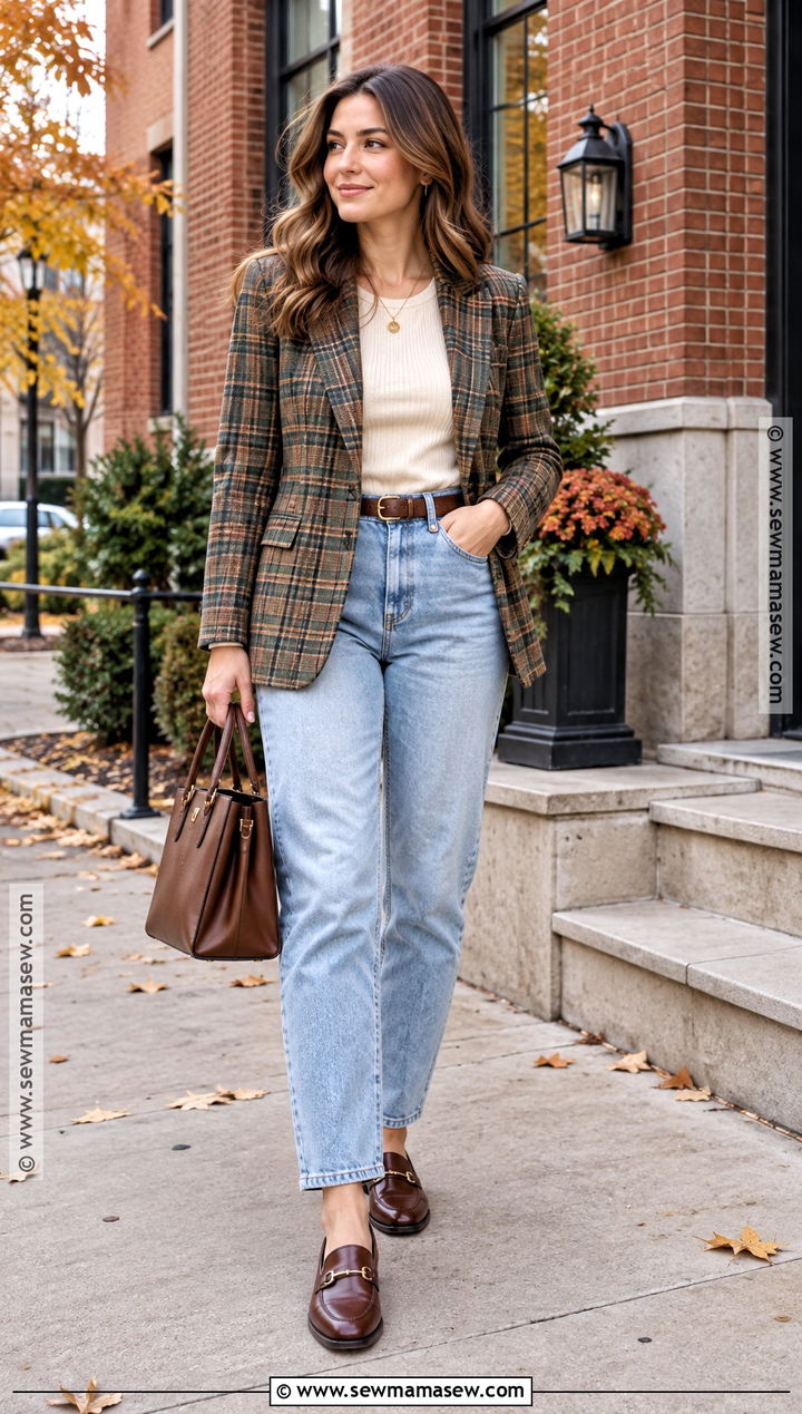 Light Mom Jeans With Plaid Blazer - 15 Light Mom Jeans Outfit Fall