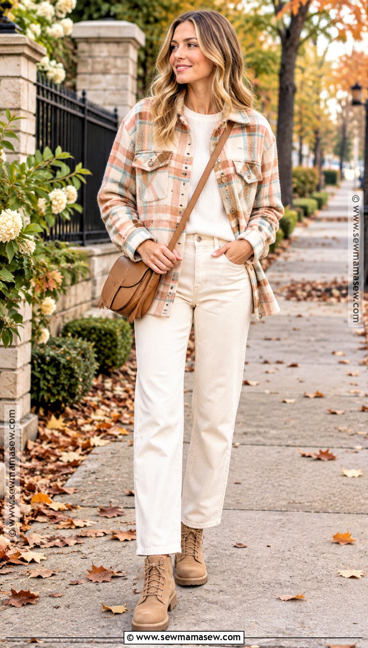 Light Spring Plaid Shacket and Cream Jeans Outfit - 15 Light Spring Color Palette Outfits Capsule Wardrobe Fall