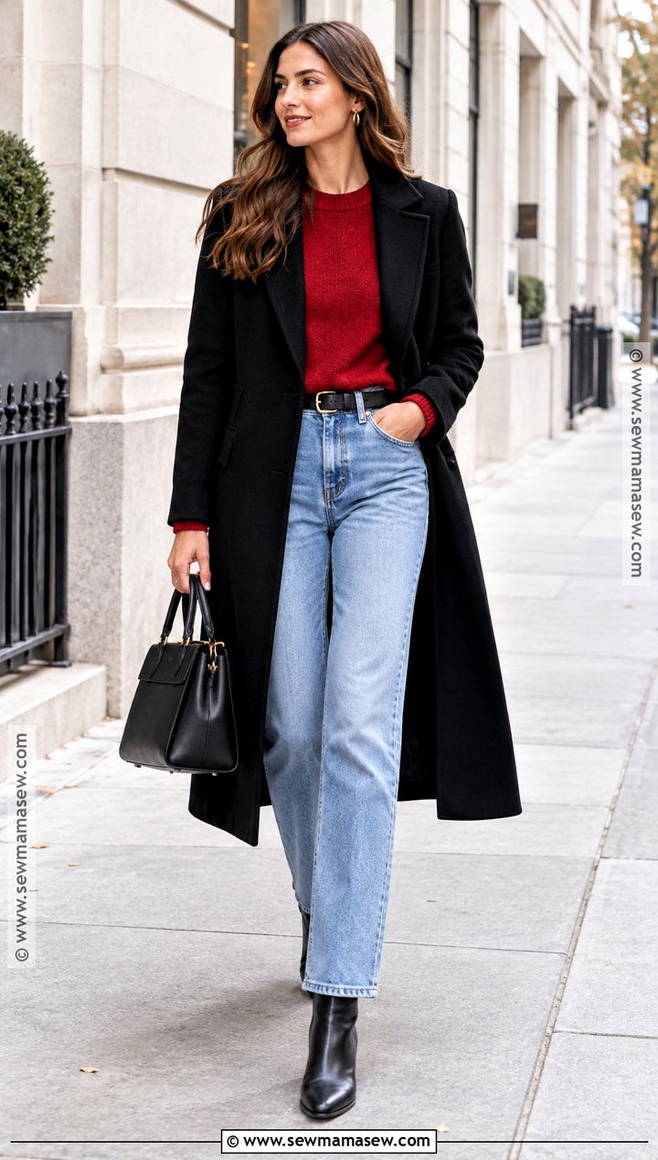 Light Wash Jeans With Black Coat And Red Sweater - 20 light wash jeans outfit fall