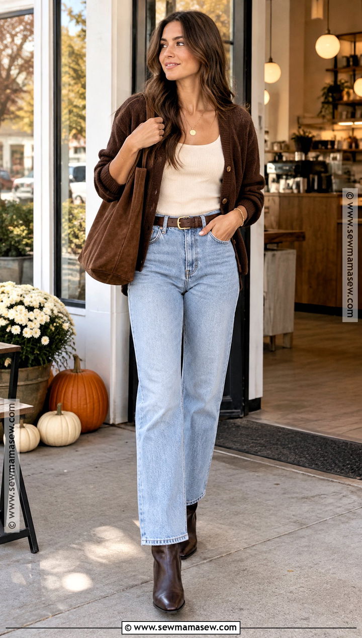 Light Wash Jeans With Brown Cardigan - 20 jean outfits fall