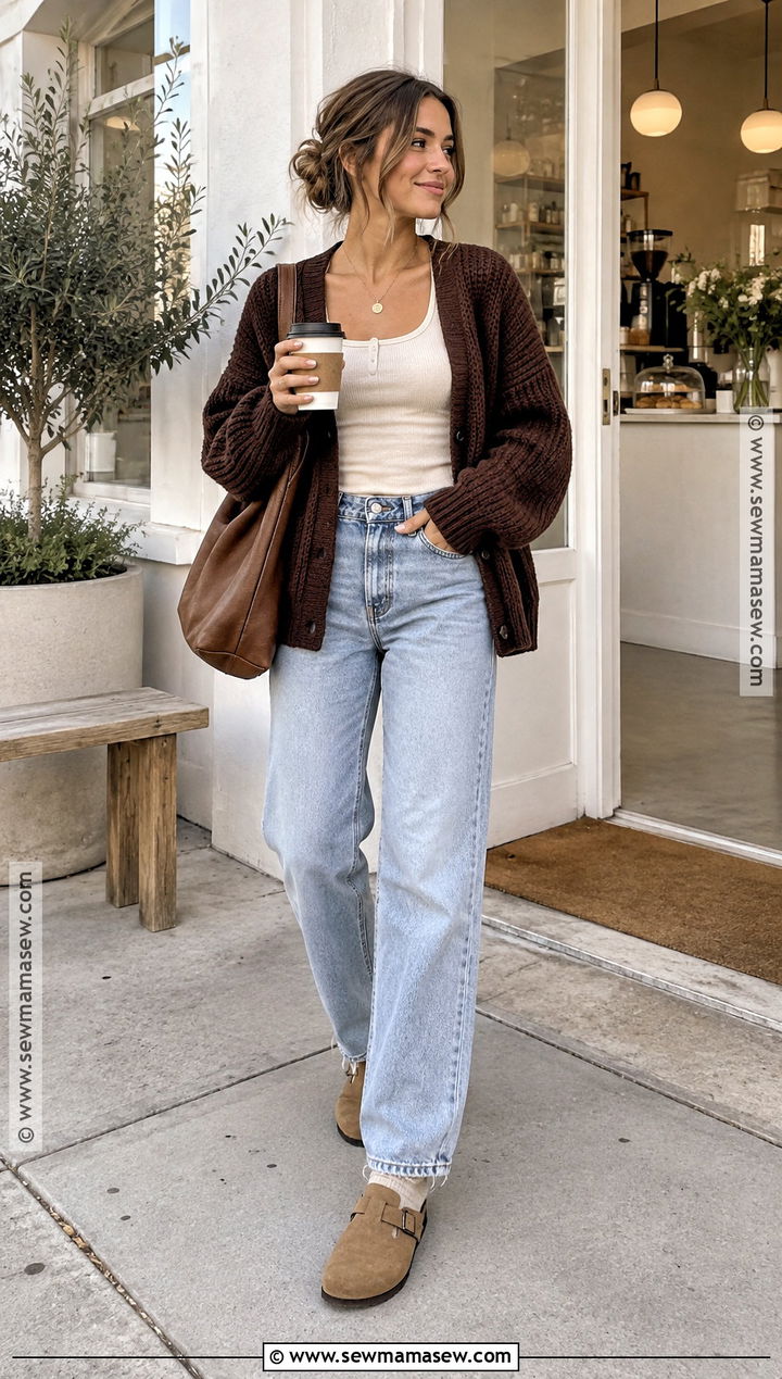 Light Wash Jeans With Cardigan And Clogs - 20 light wash jeans outfit fall