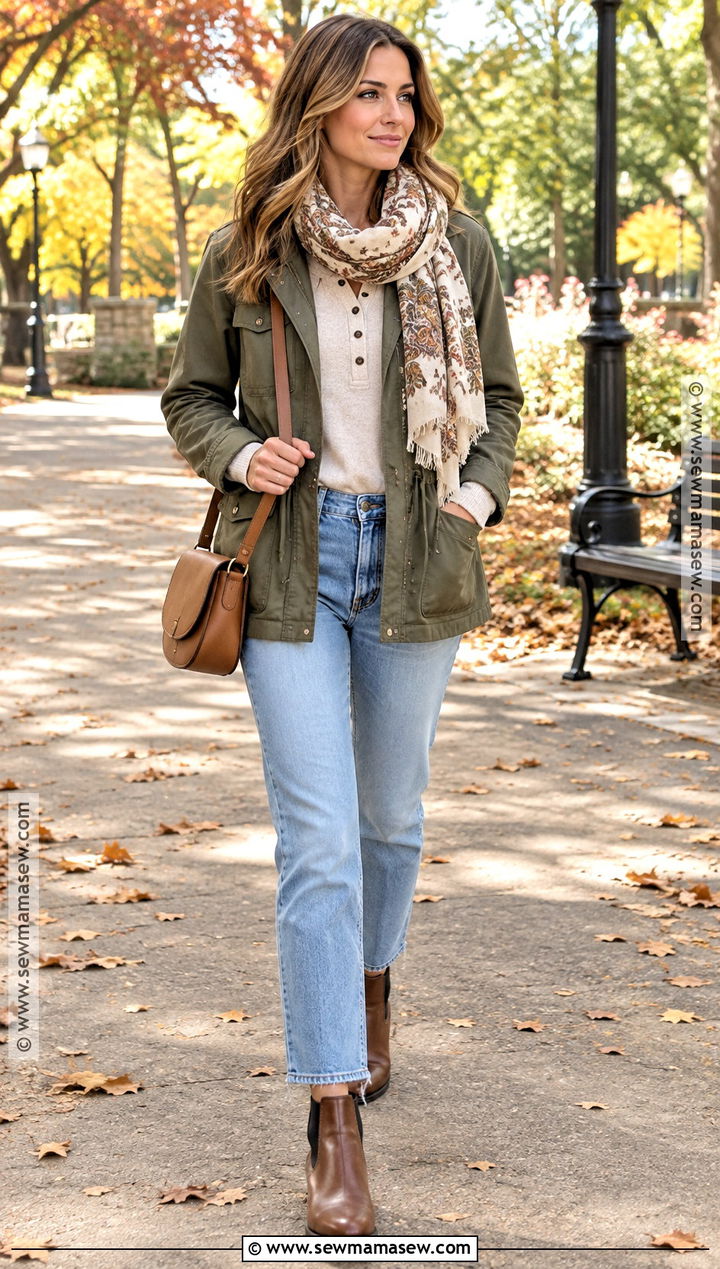 Light Wash Jeans With Olive Utility Jacket And Henley - 20 light wash jeans outfit fall