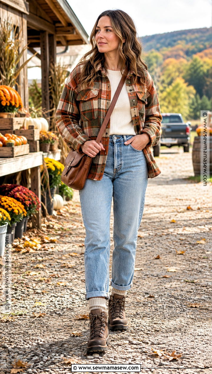 Light Wash Jeans With Plaid Shacket And Hiking Boots - 20 autumn jeans