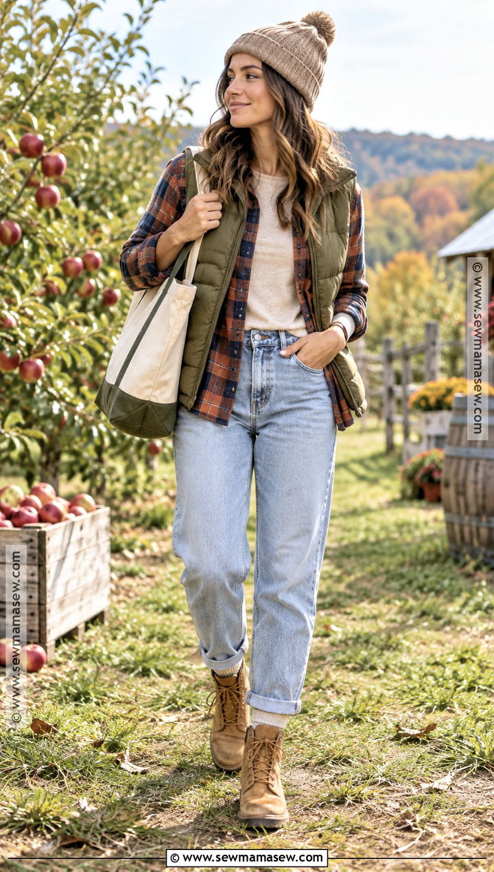 Light Wash Jeans With Plaid Shirt And Puffer Vest - 20 light wash jeans outfit fall