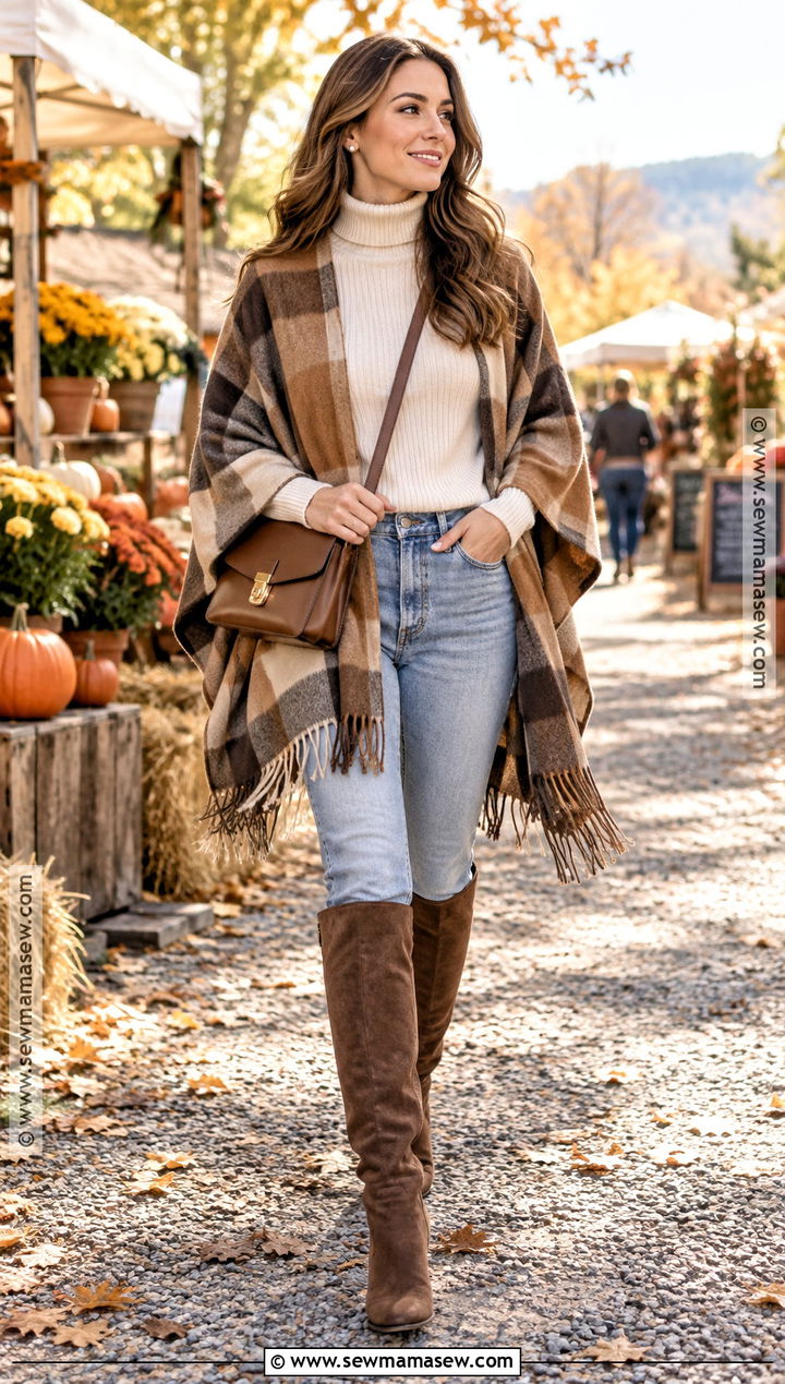 Light Wash Jeans With Poncho And Knee High Boots - 20 light wash jeans outfit fall