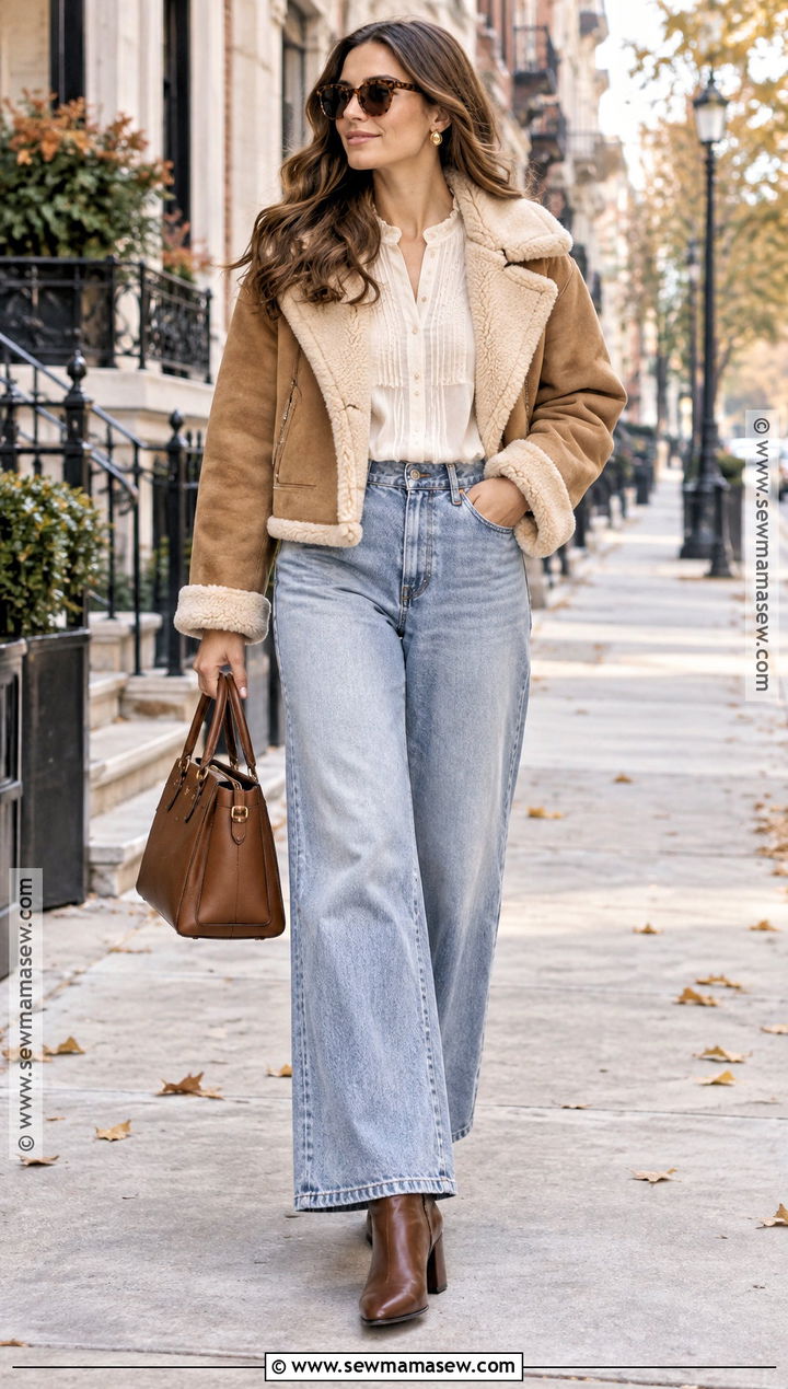 Light Wash Jeans With Shearling Jacket And Blouse - 20 light wash jeans outfit fall