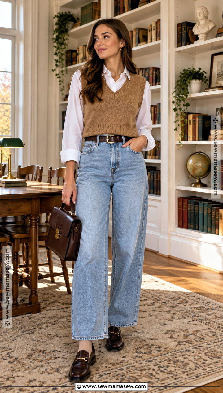 Light Wash Jeans With Sweater Vest And Loafers - 20 light wash jeans outfit fall