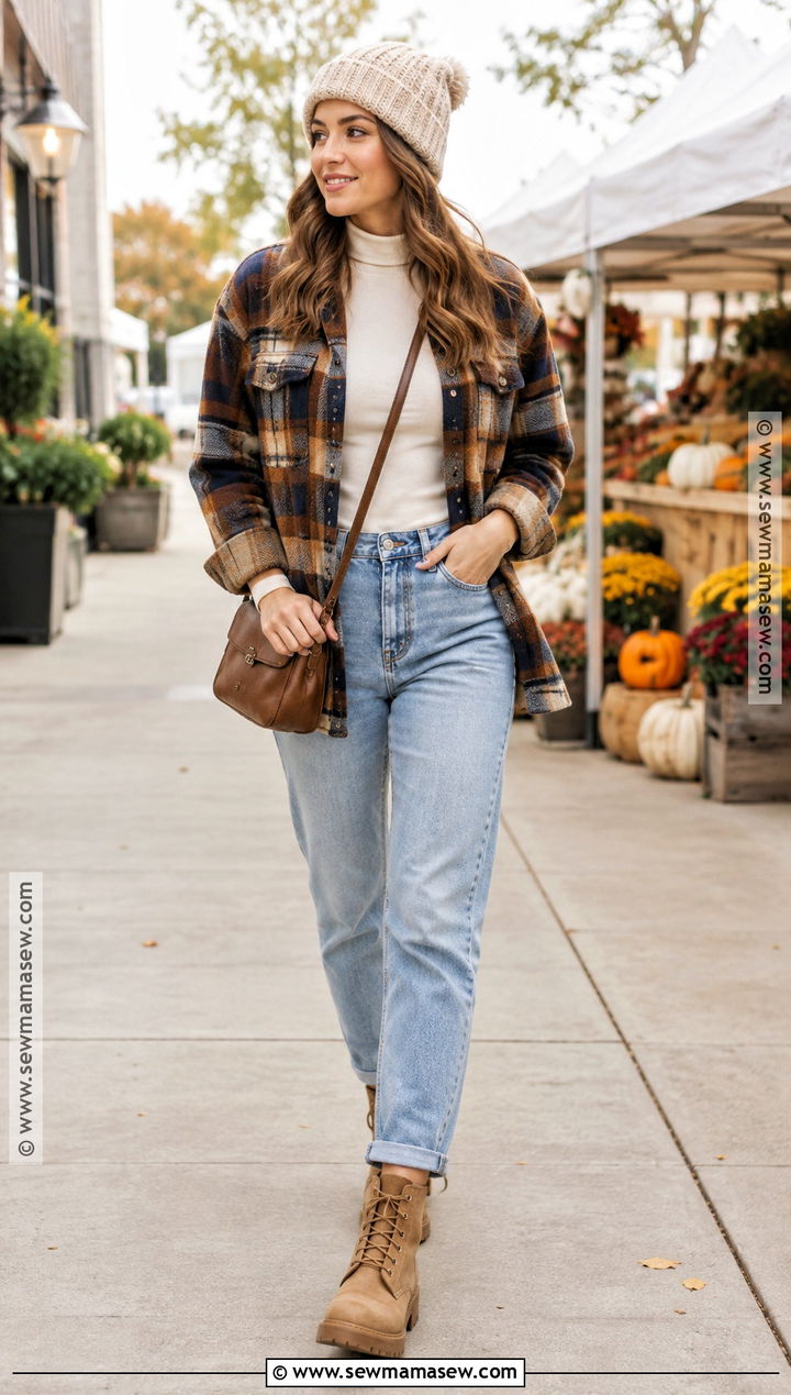 Light Wash Mom Jeans With Plaid Shacket - 20 mom jeans fall outfit