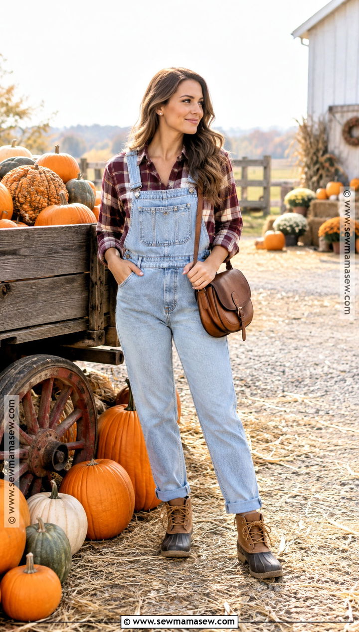 Light Wash Overalls With A Plaid Flannel Shirt - 15 Pumpkin Patch Overalls