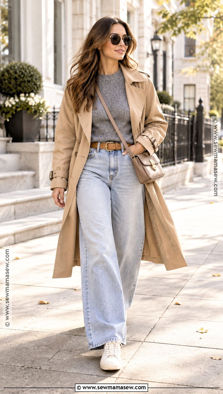 Light Wash Wide Leg Jeans With Trench Coat And Sneakers - 20 wide leg jeans outfit ideas fall
