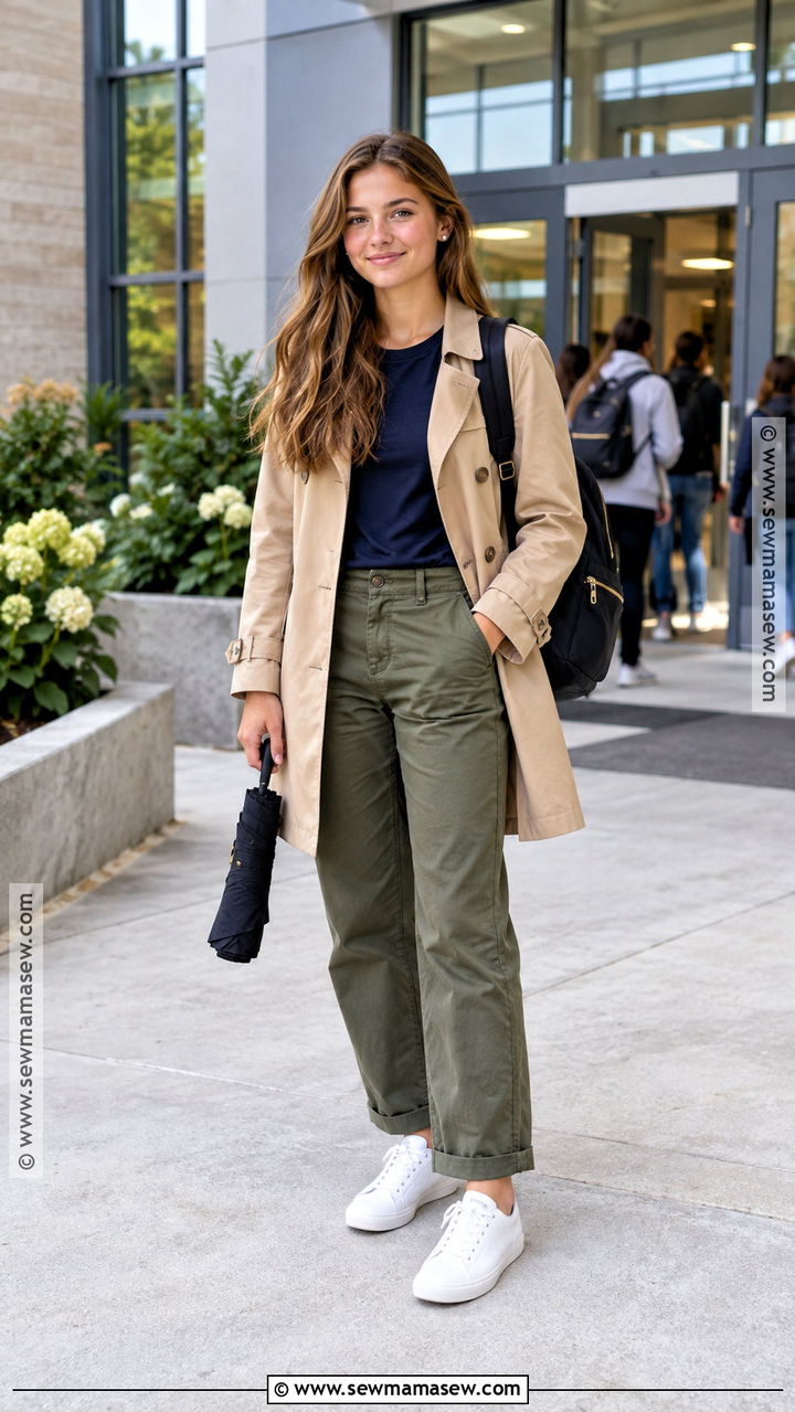 Lightweight Trench And Chino Pants School Outfit - 20 Back To School Teen Girl Outfits
