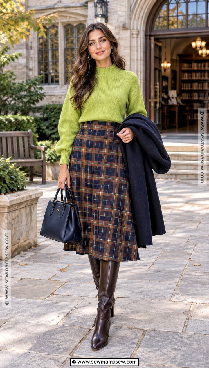 Lime Green Sweater And Plaid Skirt Fall Outfit - 25 Colorful Fall Outfits
