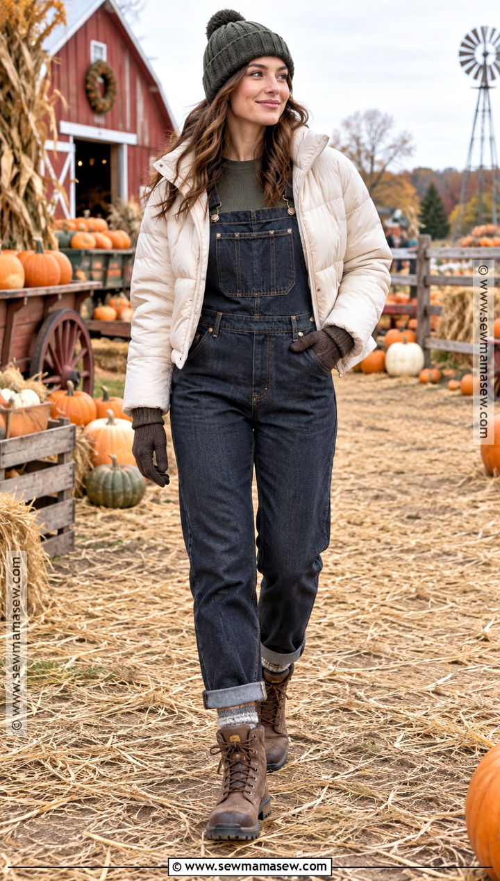 Lined Overalls With Puffer Jacket And Hiking Boots - 20 Pumpkin Patch Outfit Overalls
