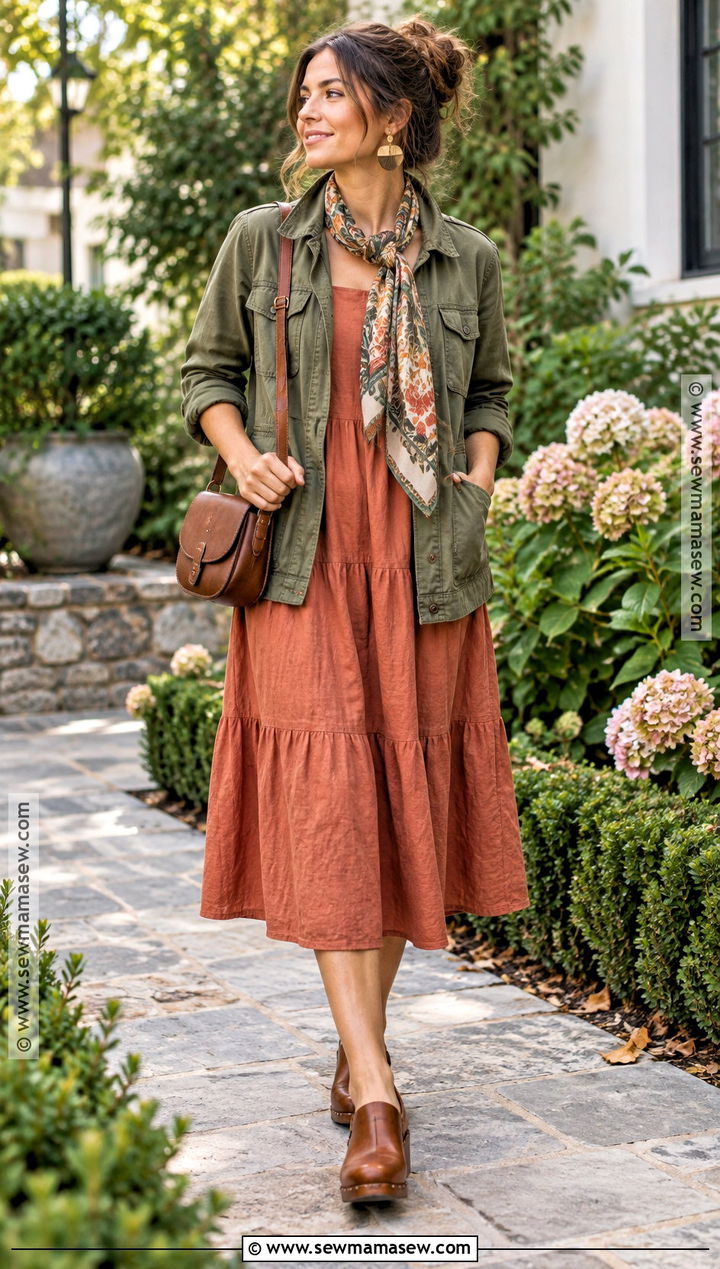 Linen Fall Sundress Outfit With Utility Jacket - 20 fall sundress outfit ideas