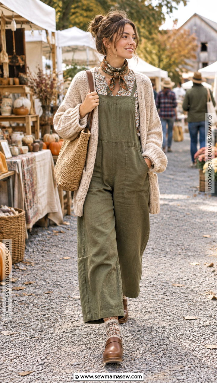 Linen Jumpsuit And Cardigan Cottagecore Fall Outfit - 20 cottagecore fall outfits