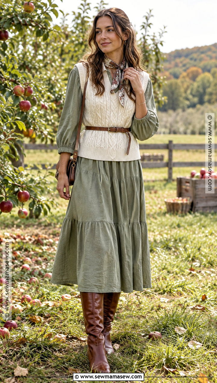 Linen Midi Dress And Knit Vest Autumn Cottagecore Outfit - 25 autumn cottagecore outfit ideas