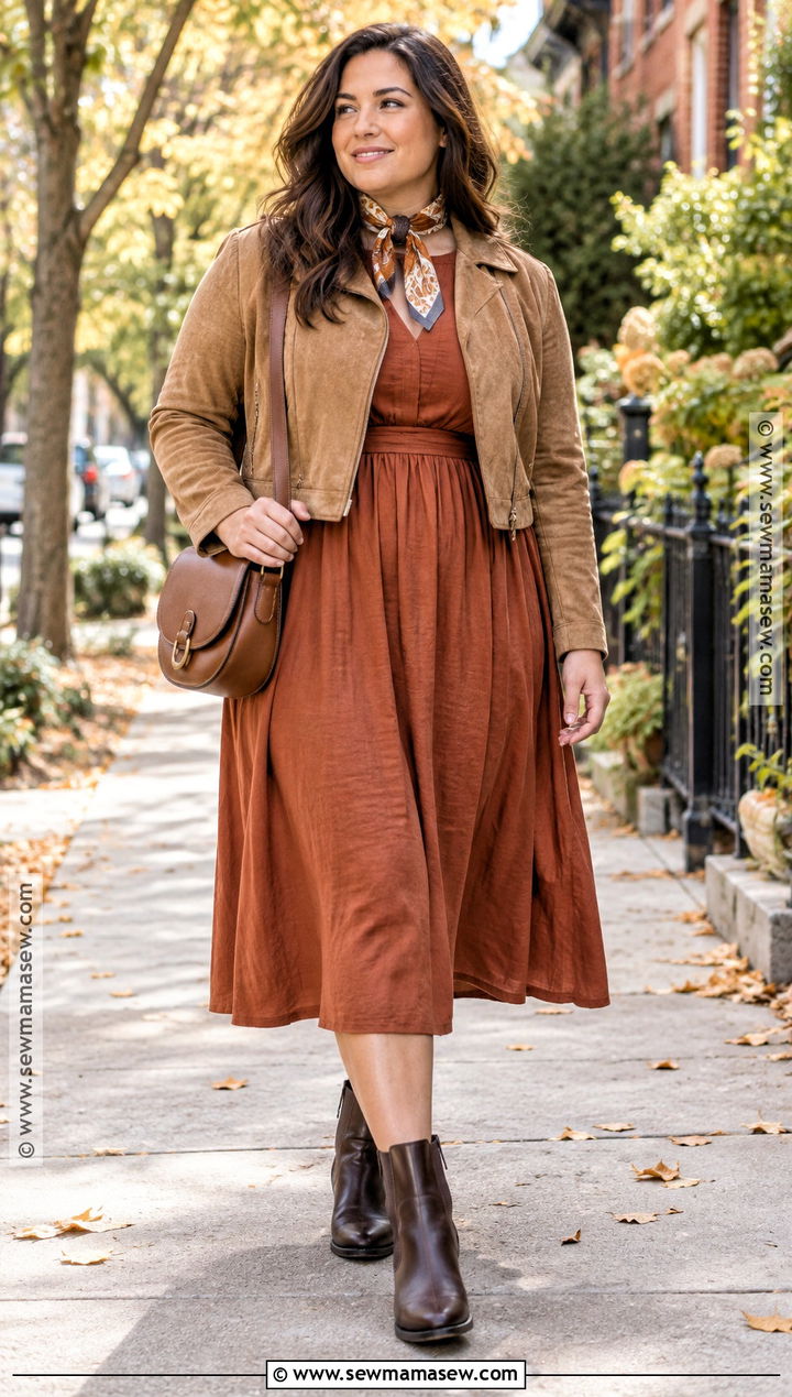 Linen Midi Dress With Suede Jacket And Chelsea Boots - 15 styling summer dresses for fall