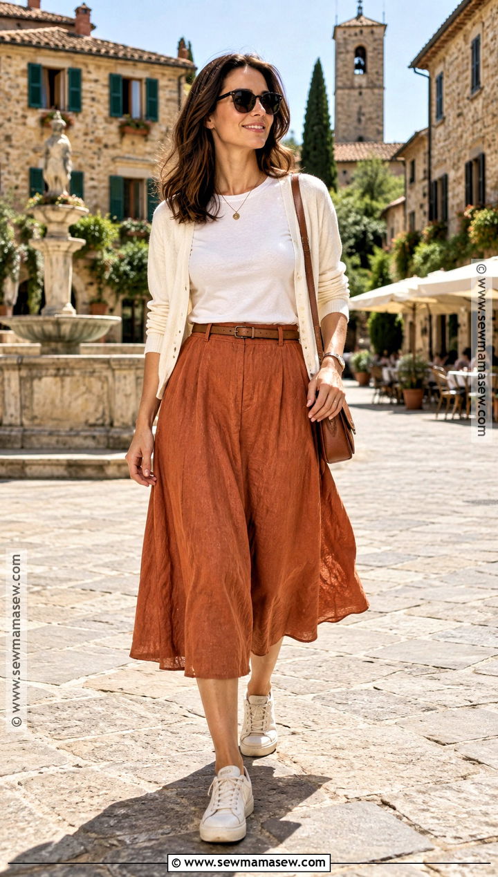 Linen Midi Skirt And Fitted T Shirt Italy Outfit - 15 travel outfits for italy in september