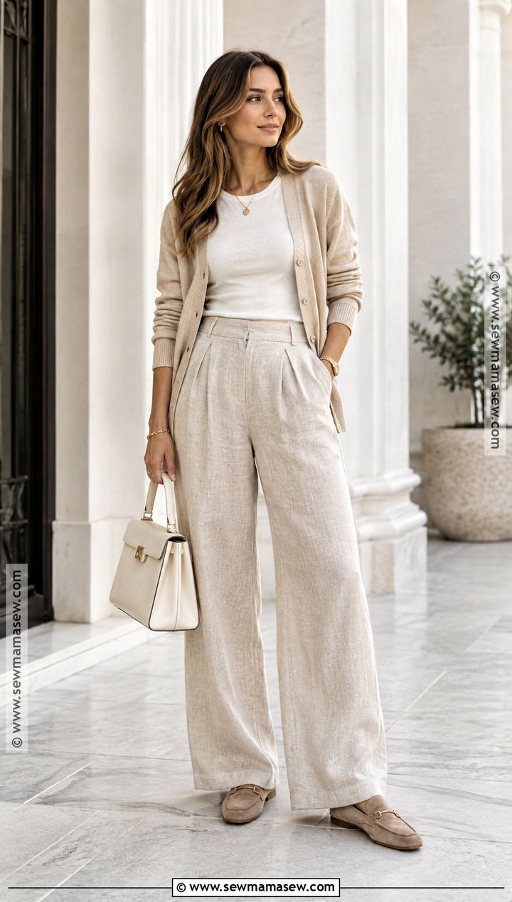 Linen Pants With Monochrome Knit Layers - 25 linen pants outfit fall