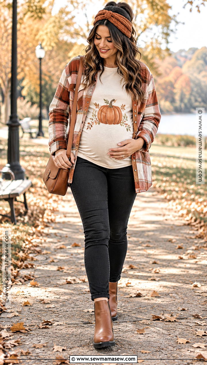 Little Pumpkin Maternity Shirt With Plaid Shacket - 15 thanksgiving maternity shirt ideas