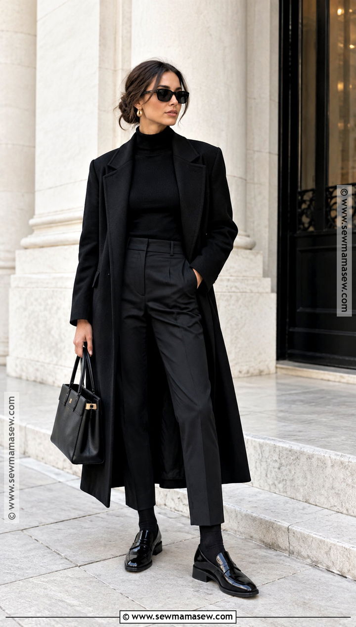 Loafers With All Black Outfit and Long Coat - 25 fall loafers outfit ideas