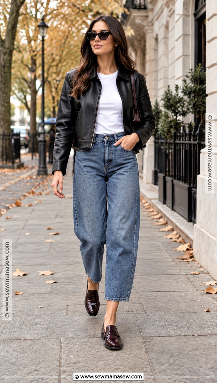 Loafers With Barrel Jeans and Leather Jacket - 25 fall loafers outfit ideas