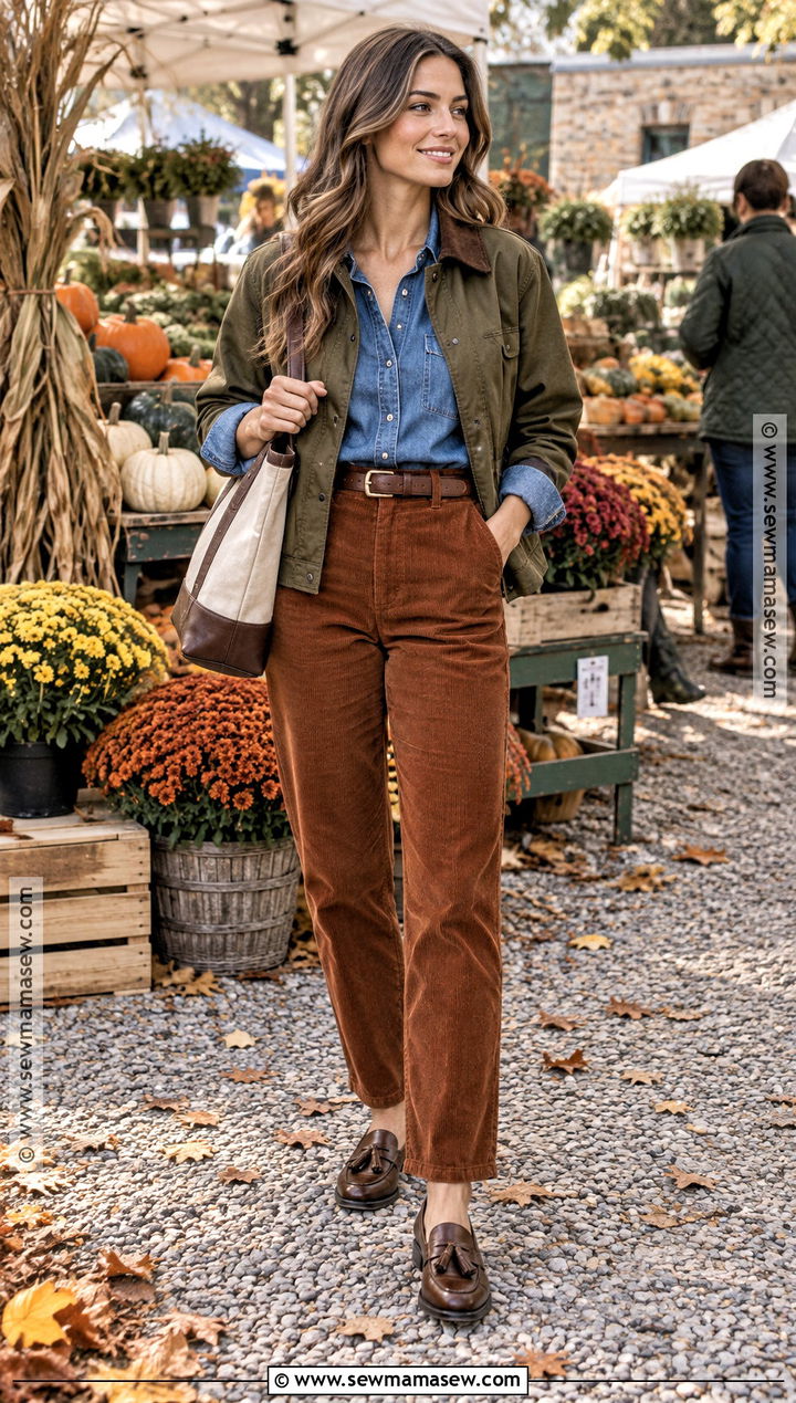 Loafers With Corduroy Pants and Denim Shirt - 25 fall loafers outfit ideas