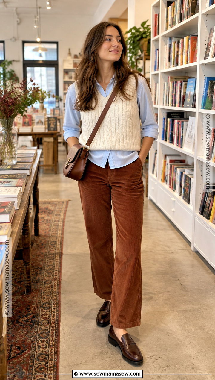 Loafers With Corduroy Pants and a Knit Vest - 15 Fall Loafers Outfit Ideas 2026