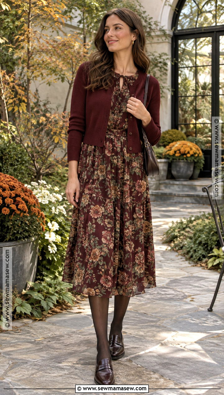Loafers With Floral Dress and Cropped Cardigan - 25 fall loafers outfit ideas