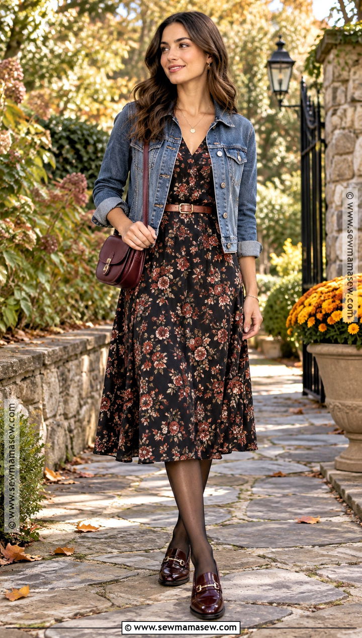 Loafers With Floral Midi Dress and Denim Jacket - 20 loafers for women outfit fall ideas