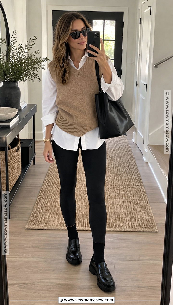 Loafers With Leggings and Oversized Button Down - 25 fall loafers outfit ideas