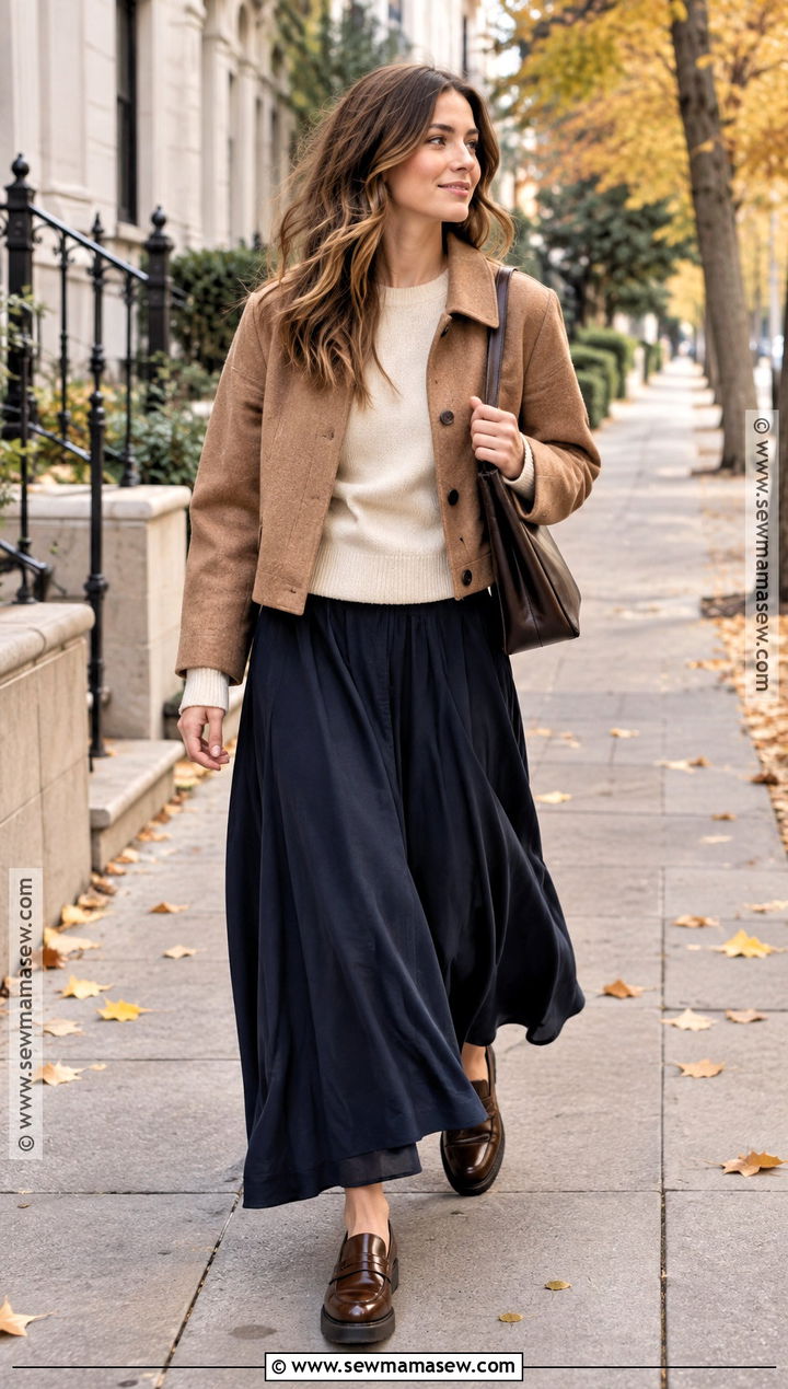 Loafers With Maxi Skirt and Crewneck Sweater - 20 loafers for women outfit fall ideas