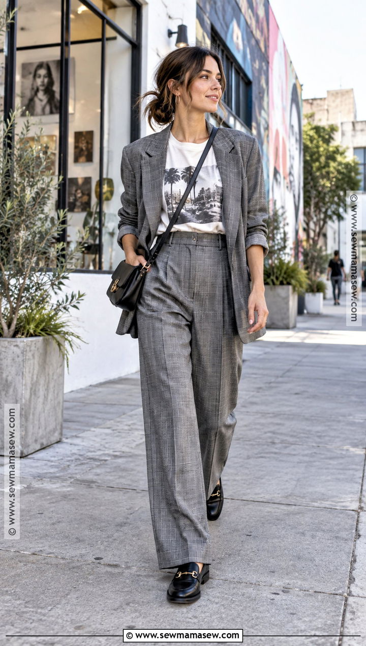Loafers With Relaxed Suit and Graphic T Shirt - 25 fall loafers outfit ideas