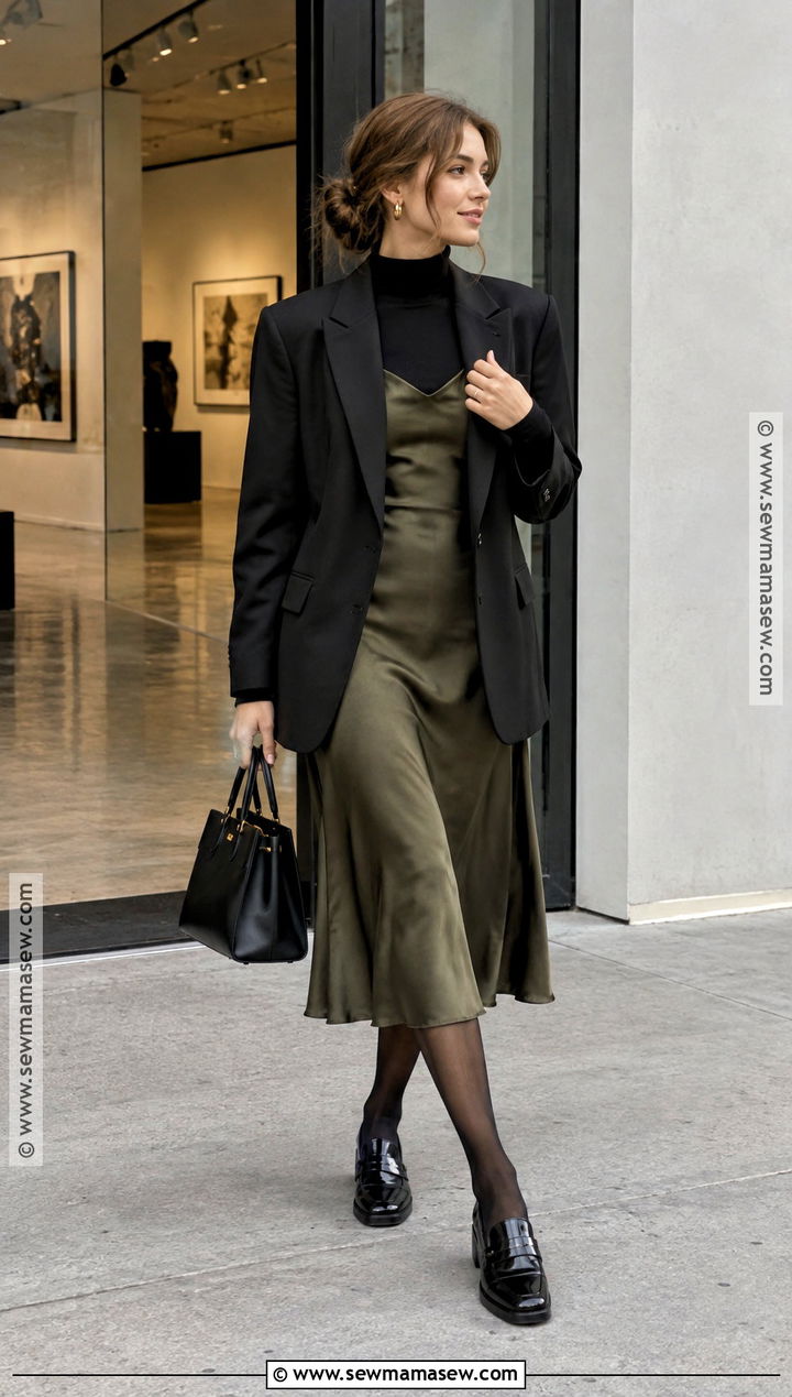 Loafers With Slip Dress and Oversized Blazer - 25 fall loafers outfit ideas