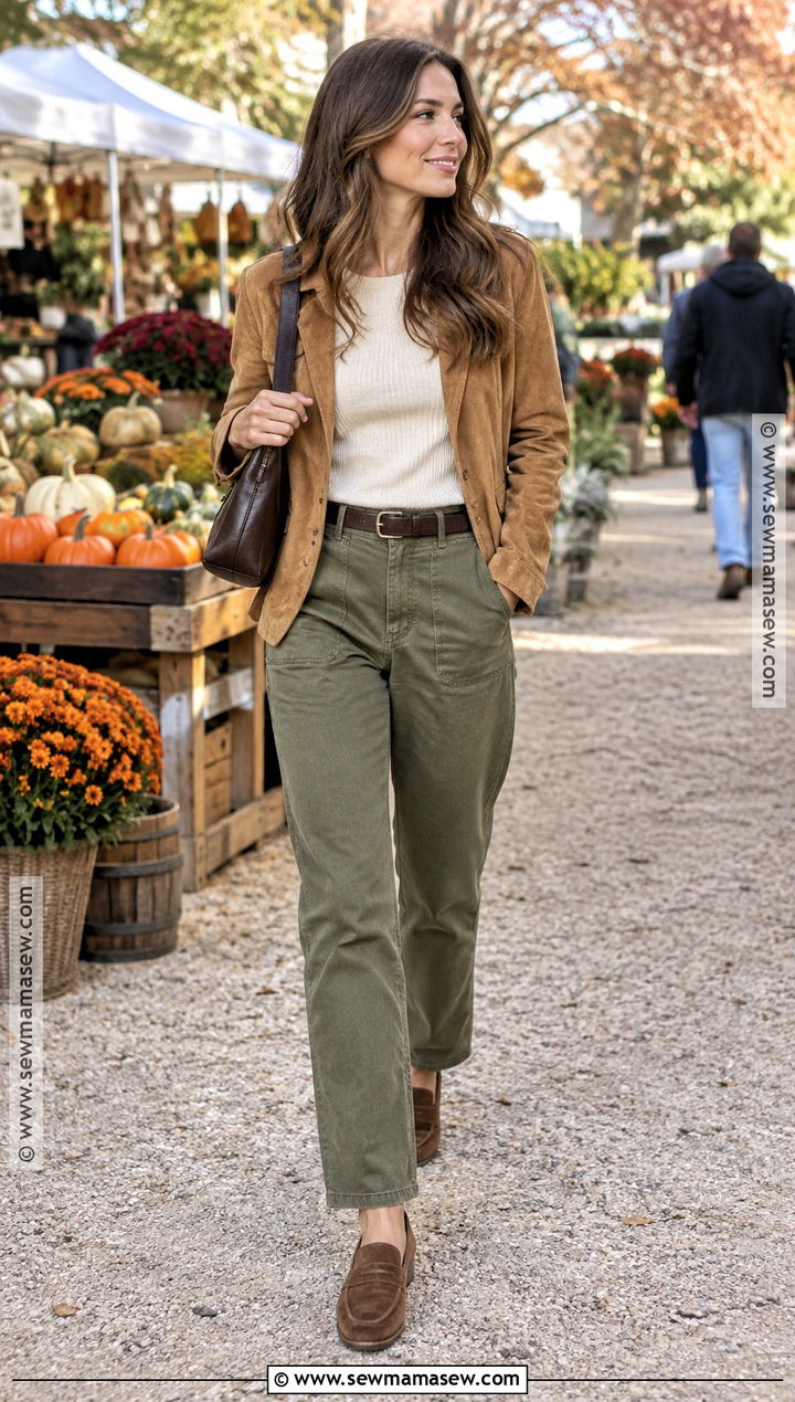 Loafers With Utility Pants And A Suede Jacket - 20 loafers autumn outfit ideas