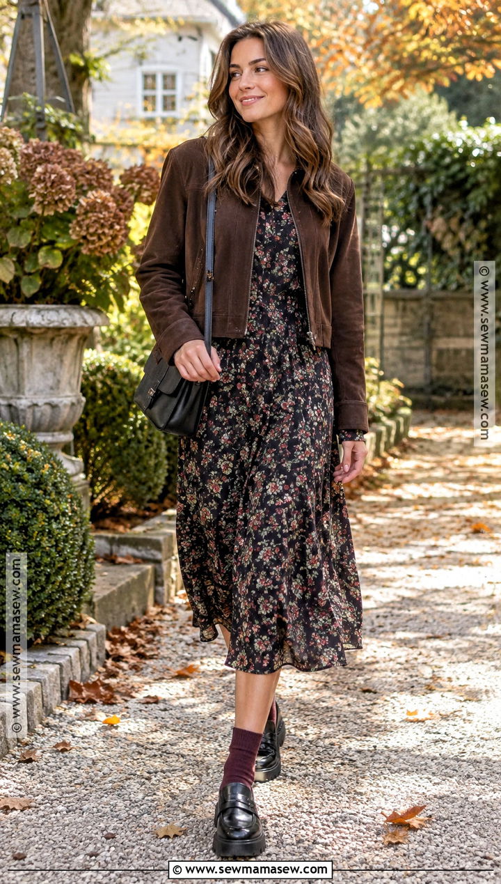 Loafers With a Floral Midi Dress and Jacket - 15 Fall Loafers Outfit Ideas 2026