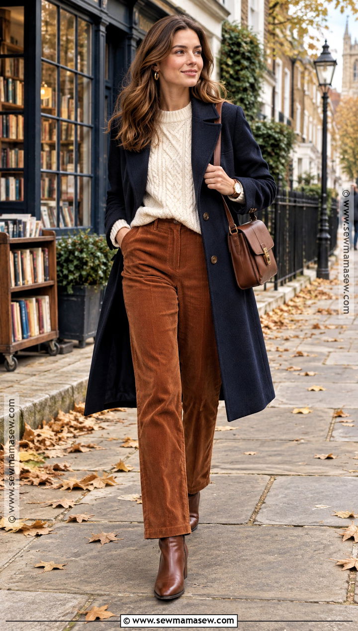 London Autumn Corduroy Trousers and Knit Outfit - 15 London Day Out Outfit Autumn Ideas