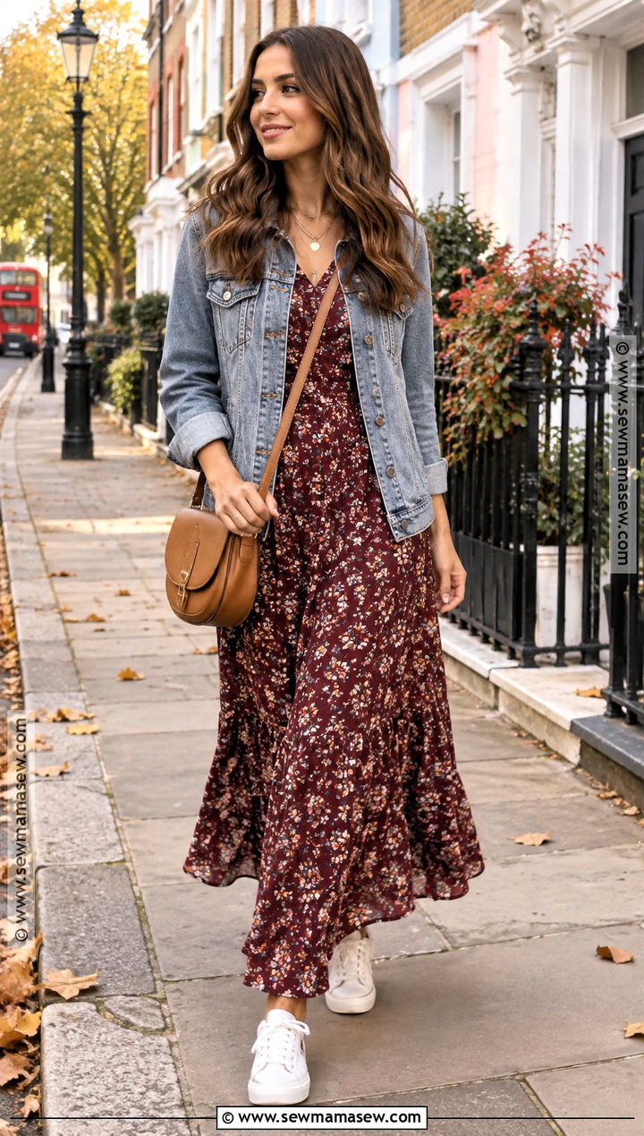 London Autumn Denim Jacket and Maxi Dress Outfit - 15 London Day Out Outfit Autumn Ideas