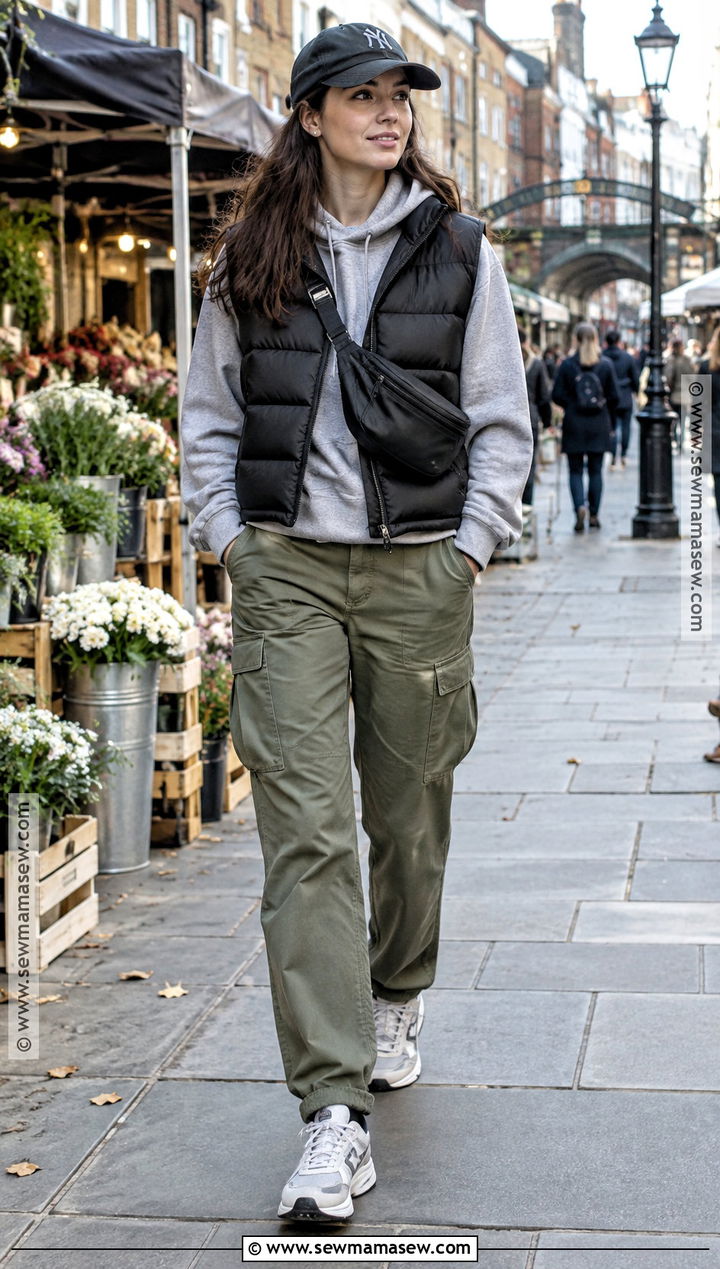 London Autumn Puffer Vest and Cargo Pants Outfit - 15 London Day Out Outfit Autumn Ideas